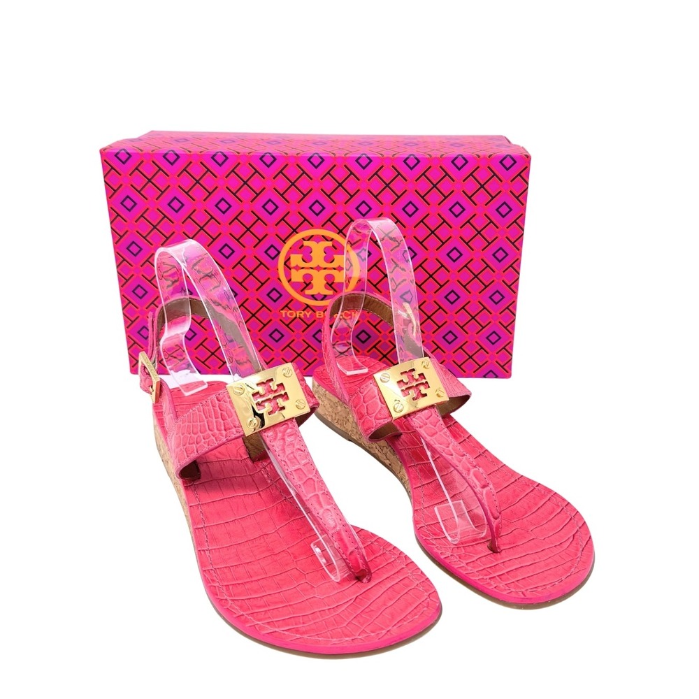 Tory Burch Kelsey Cork Wedge Sandal Pink Croc Embossed Resort 8.5